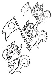 Three Cute Cartoon Squirrels Wearing Viking Helmets Carrying Flags