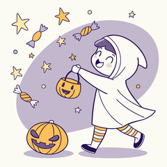 Playful Ghost Girl Dancing with Floating Pumpkin – Halloween Clipart