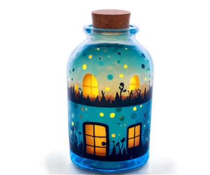 Enchanting Bottle House Illustration, A Whimsical Fantasy World Encased in Glass, Filled with Glowing Windows, Mysterious Plants, and an Inviting Doorway