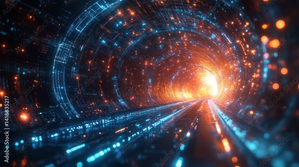 Poster futuristic digital network tunnel with flowing data streams and glowing blue light in a high-tech cy