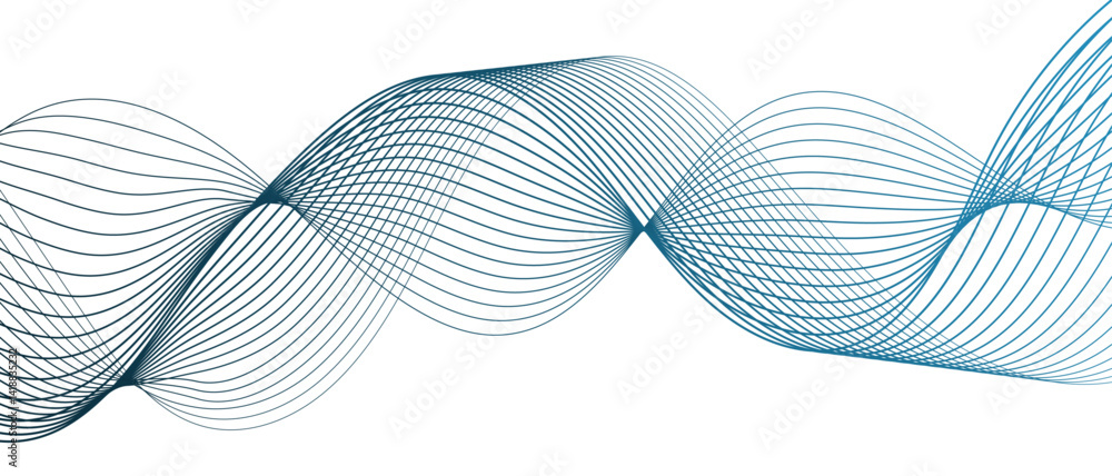 Poster Abstract background with flowing waveforms or curved lines on white backdrop. Smooth motion, symmetry, and modern digital aesthetics. Wavy Line Design with Science frequency gradient lines. 