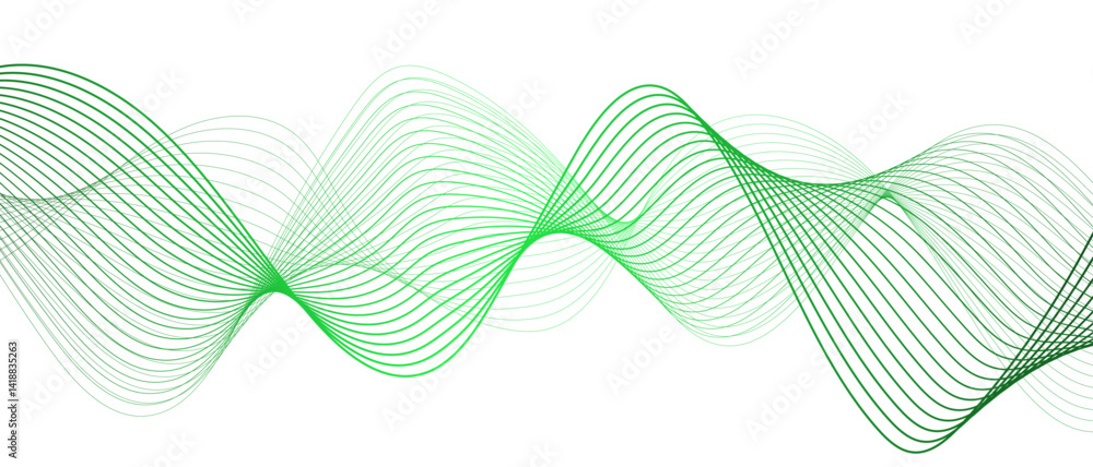 Poster Abstract background with flowing waveforms or curved lines on white backdrop. Smooth motion, symmetry, and modern digital aesthetics. Wavy Line Design with Science frequency gradient lines. 