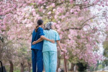 Nurse caregiver with elderly woman enjoying beneath blooming trees. suggesting in healthcare...