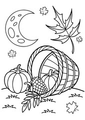 Autumn Harvest Coloring Page with Pumpkins Corn and Leaves