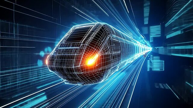 Futuristic train speeding through digital tunnel