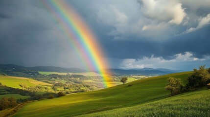 Naklejka premium Majestic Rainbow Arcing Over Rolling Green Hills