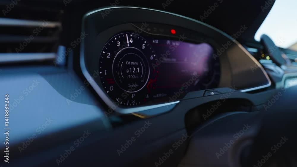Poster digital dashboard display showing tachometer reading in car interior, czechia