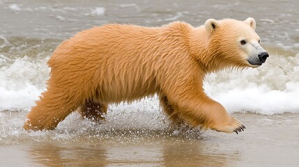 Fototapeta premium Young polar bear wading in shallow water