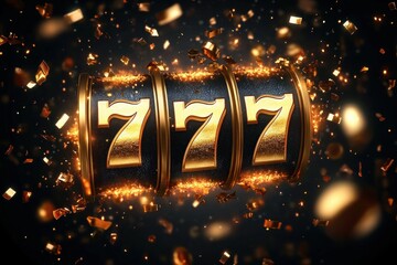 Luxurious slot machine with golden 777 symbols on dark elegant background, casino jackpot, luck, gambling, winning, money, success, fortune, high contrast, vibrant celebration