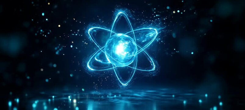 Microscopic view atom electron quantum energy particle. Physics science theory. Generative video AI technology.	
