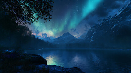 Naklejka premium Stunning Aurora Borealis over Snowy Mountain Landscape