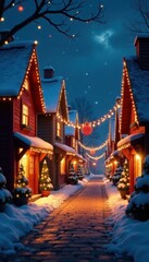 Cozy Christmas village street at night with twinkling lights and festive decorations, holiday season, festive, christmas lights