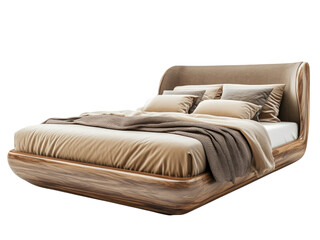 Elegant Modern Wooden Bed Design with Beige Linens and Curved Headboard