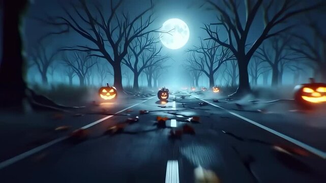 Camera flying through Halloween night road, Happy halloween 