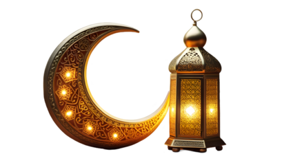 A golden crescent moon with lights adorns an Islamic lantern