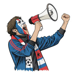 A jubilant cartoon soccer fan with a painted team face, enthusiastically holding a megaphone, cheering wildly.