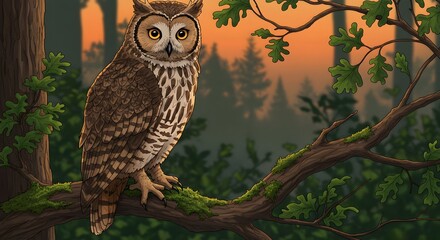 Obraz premium Artistic illustration of a wise owl perched on a mossy tree branch at dusk