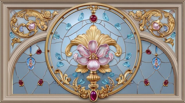 Ornate stained glass design featu transparent sections, gold filigree, floral accents, and gem embellishments in a 6x standard format.