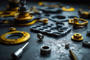 Close-up View of Yellow and Grey Machine Parts, Bolts, Nuts, and Washers Arranged on a Dark Surface