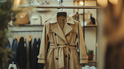 Fototapeta premium Stylish beige trench coat displayed on hanger in chic boutique setting