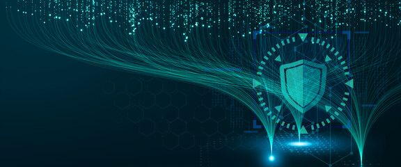 Cybersecurity Network Protection: Abstract representation of a secure digital network, featuring a glowing shield emblem at the heart of interconnected data streams, symbolizing robust cybersecurity.