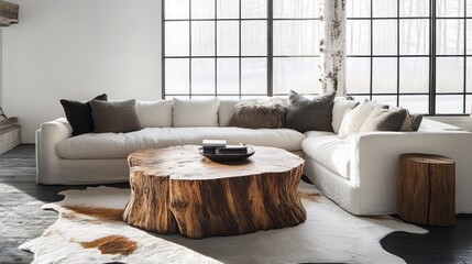 Bright living room features a large tree trunk coffee table