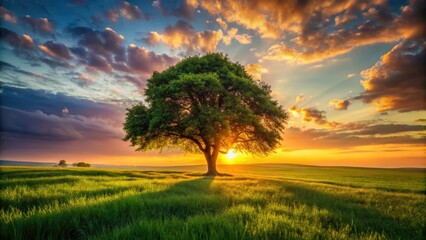 Fototapeta premium Sunset's glow paints a solitary green tree in a sea of grass, a tranquil low-light landscape.