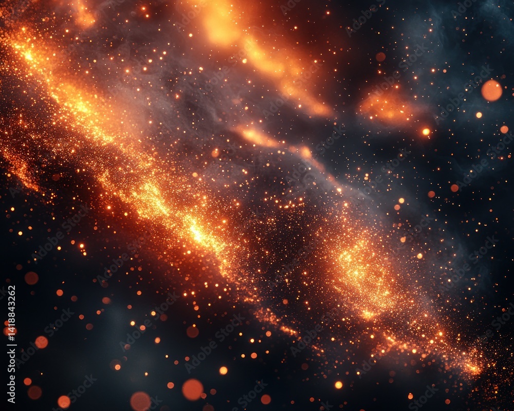 Poster fiery cosmic nebula. intense, swirling, fiery patterns against a dark backdrop, filled with sparks a