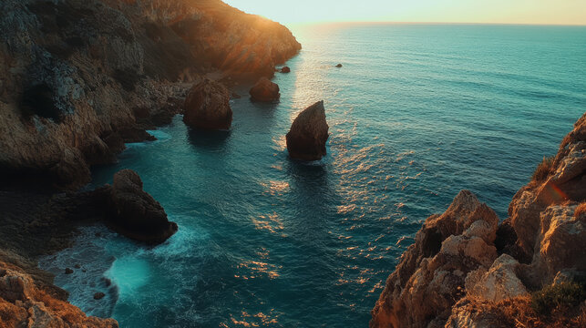 Rocky coastline captured at sundown in Lagos, Portugal, perfect for travel marketing or business visuals