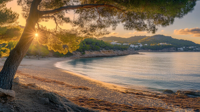 Scenic morning view of Sol d'en Serra beach in Ibiza, bathed in the soft light of sunrise