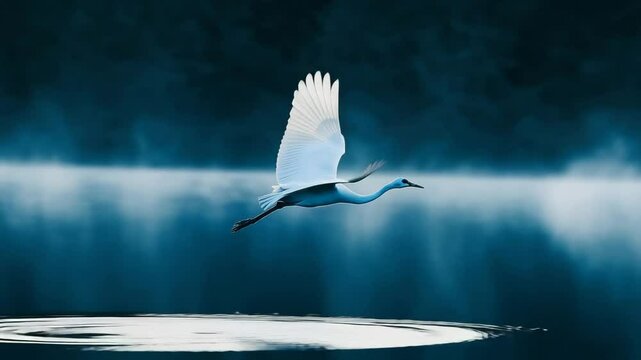 Crane taking flight over a calm lake at dawn
