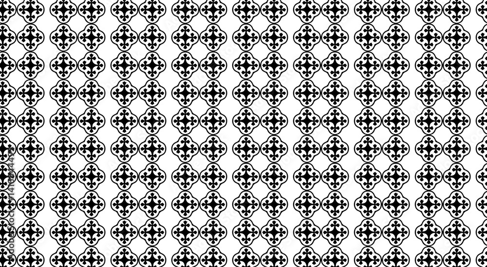 Poster black and white seamless pattern featuring stylized crosses within rounded squares, forming a grid l