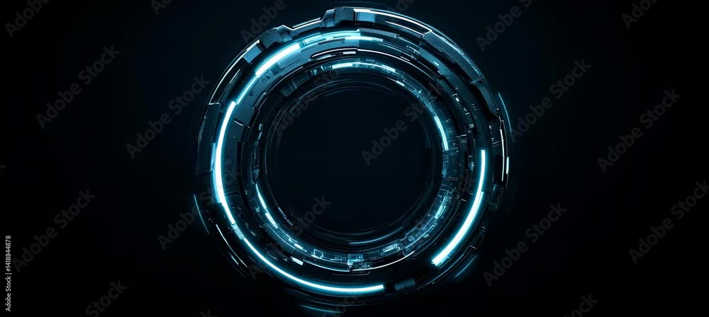 Poster Digital blue circular technology gate portal circular rotation. Generative video AI technology.	
