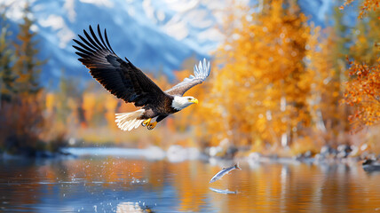 Majestic eagle soaring over tranquil lake, capturing fish mid air amidst vibrant autumn foliage
