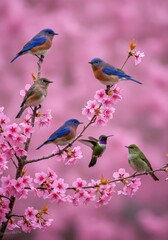 Bluebirds and Hummingbirds on Pink Cherry Blossom Branch