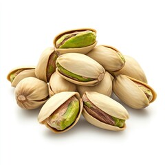 Pistachios piled high on white background