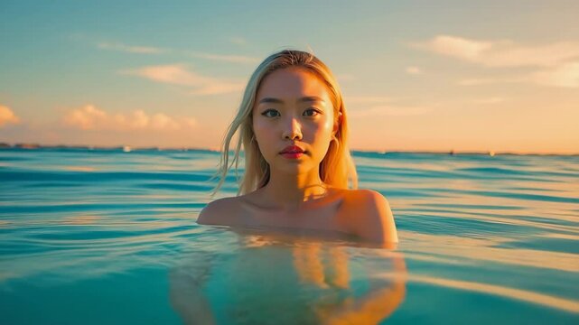 Beautiful young woman with blonde hair emerging from tropical turquoise ocean water during golden sunset hour, serene scene, warm light