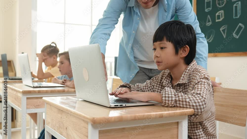 Poster caucasian teacher helping asian student coding engineering prompt while diverse student using softwa