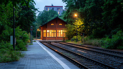 Fototapeta premium serene train station surrounded by lush greenery, featuring warm lights illuminating building at dusk