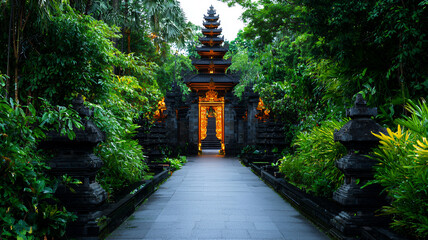 serene temple pathway surrounded by lush greenery and illuminated by soft lights creates tranquil atmosphere