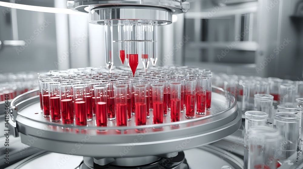 Poster multiple test tubes filled with red liquid samples placed in a centrifuge device in a scientific lab