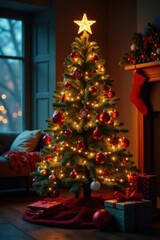 Christmas tree decorated with lights and ornaments, ornaments, christmas