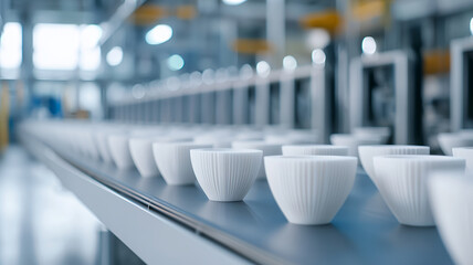 Modern factory production line with white ceramic bowls on conveyor belt, showcasing efficiency and craftsmanship