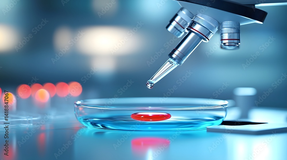 Poster close up view of a pipette dripping a single drop of liquid into a petri dish that is being observed