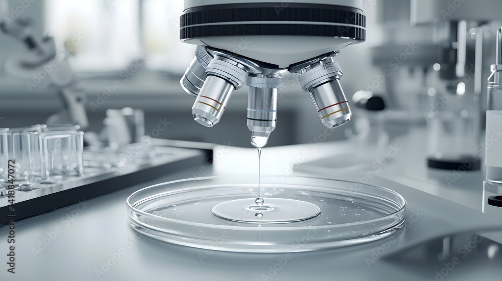 Poster close up view of a single drop of liquid being carefully dispensed from a pipette into a transparent