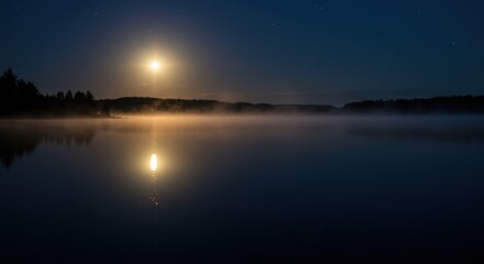 Obraz premium Bright Full Moon Over Foggy Lake at Night