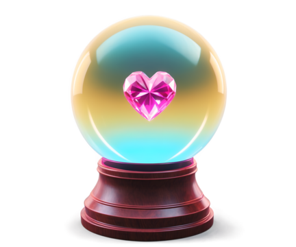 Enchanting Crystal Ball Illustration, A Visionary Window to Love and Romance, Revealing a Sparkling Pink Heart Amidst Mystical Orbs and Dreamy Reflections