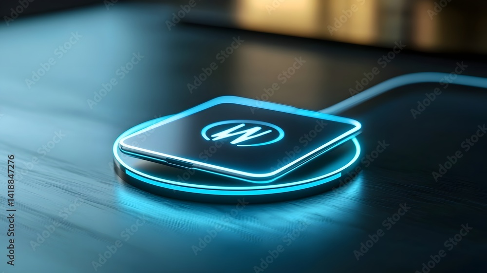 Poster closeup of a modern smartphone being wirelessly charged on a sleek minimalist charging mat with a so