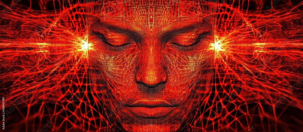 Poster abstract portrait of a radiant face with a fiery network pattern