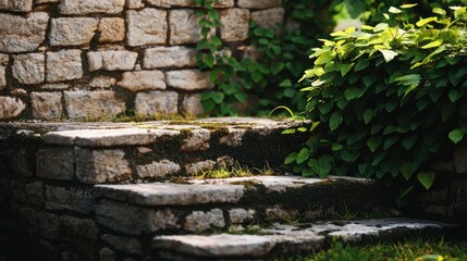 Stone steps, overgrown garden, rustic wall, sunlight